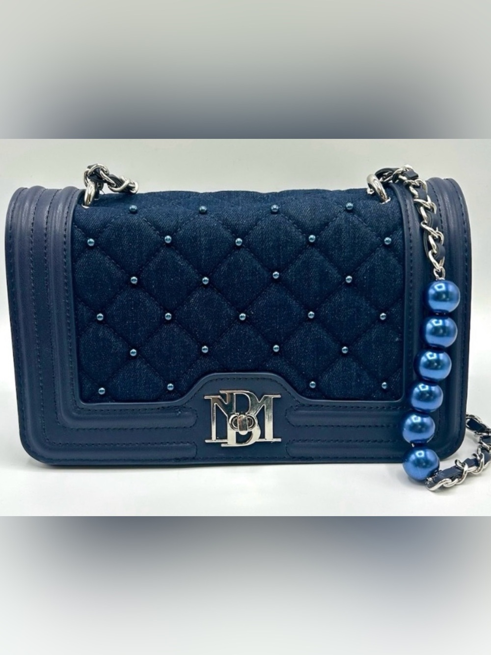 NWT Badgley Mischa Denim Quilted Navy Crossbody Bag with Pearl Detailing